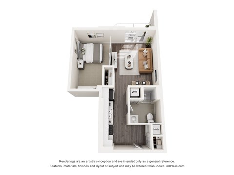 A 3D floor plan of a small apartment with a kitchen, living room, and bathroom.